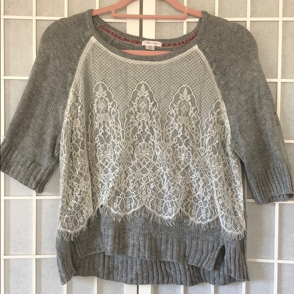 Grey Cropped Sweater With Lace Overlay 